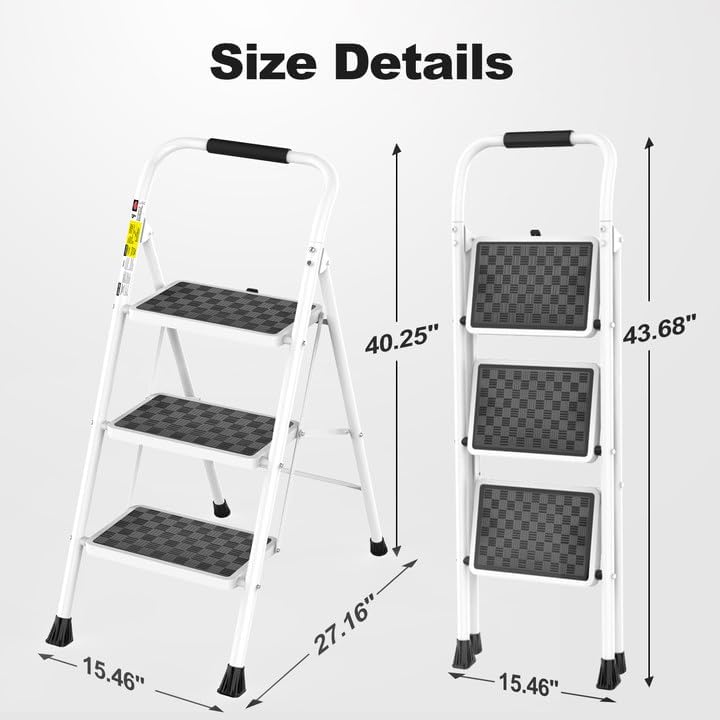 HBTower 3 Step Ladder,3 Step Stool for Adults Folding Step Stool with Cushioned Handle with Wide Anti-Slip Pedal Ergonomic Design
