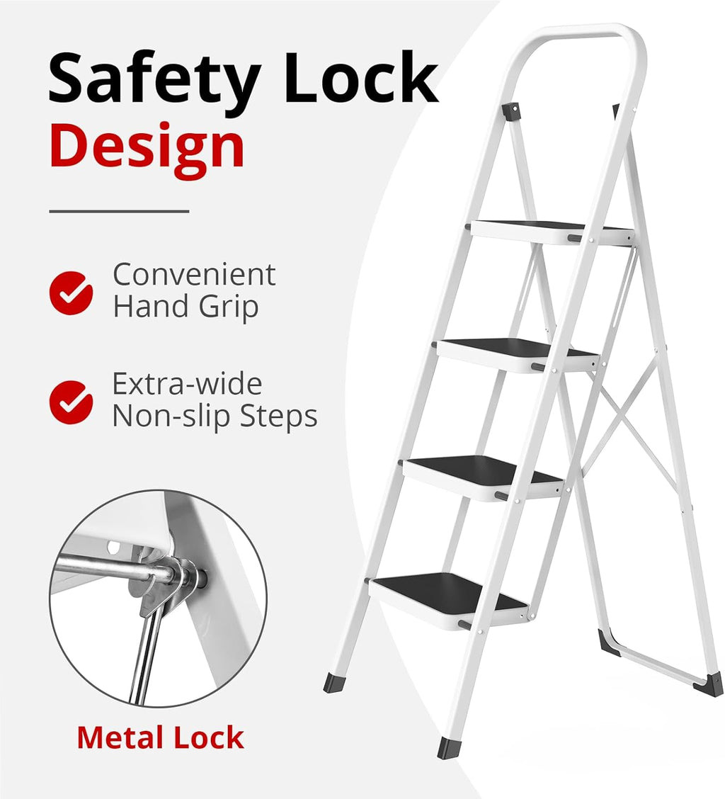 HBTower Step Ladder Folding Step Stool for Adults with Anti-Slip Pedal,330 lbs Capacity for Kitchen, Home,White