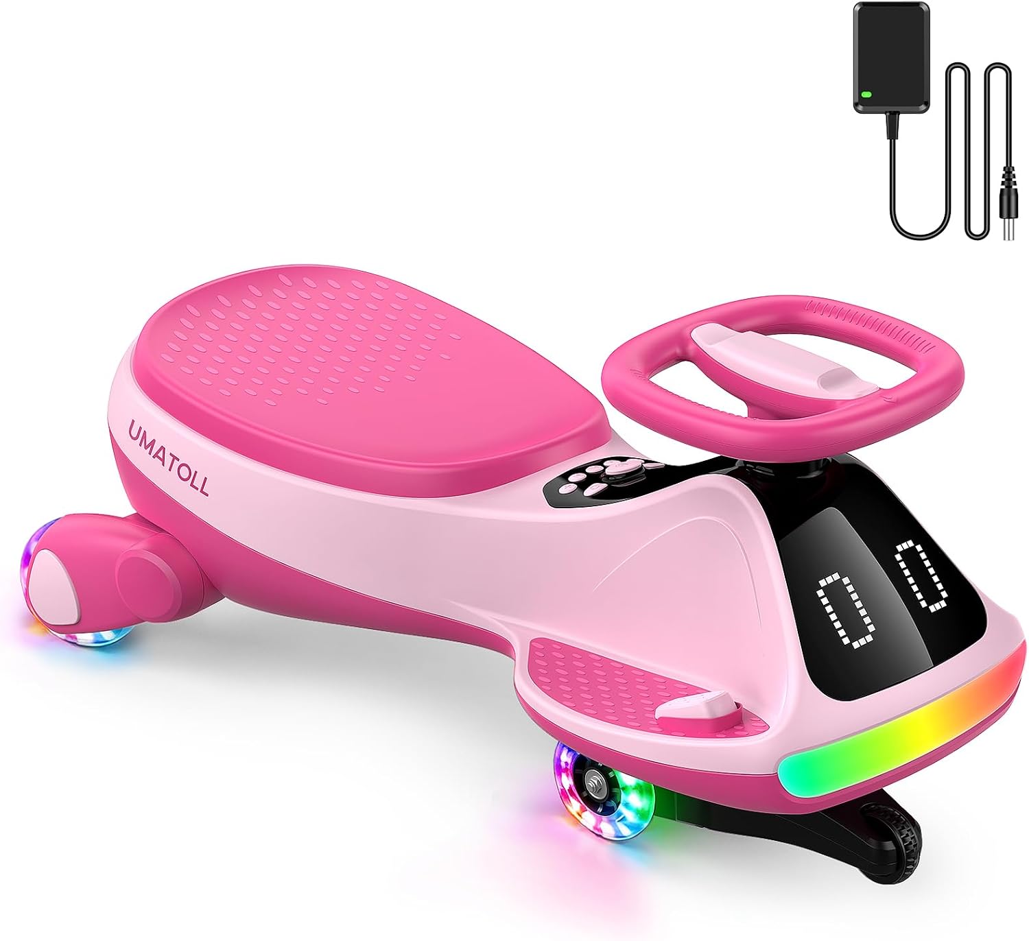 Umatoll 12V Electric Wiggle Car for Kids with Pedal, Display, Rechargeable Battery, LED Light, Bluetooth, Light-Up Wheels, Anti-Rollover, 2 Speeds, Ride on Toys, Birthday Gifts for Age 3+, 150Lbs