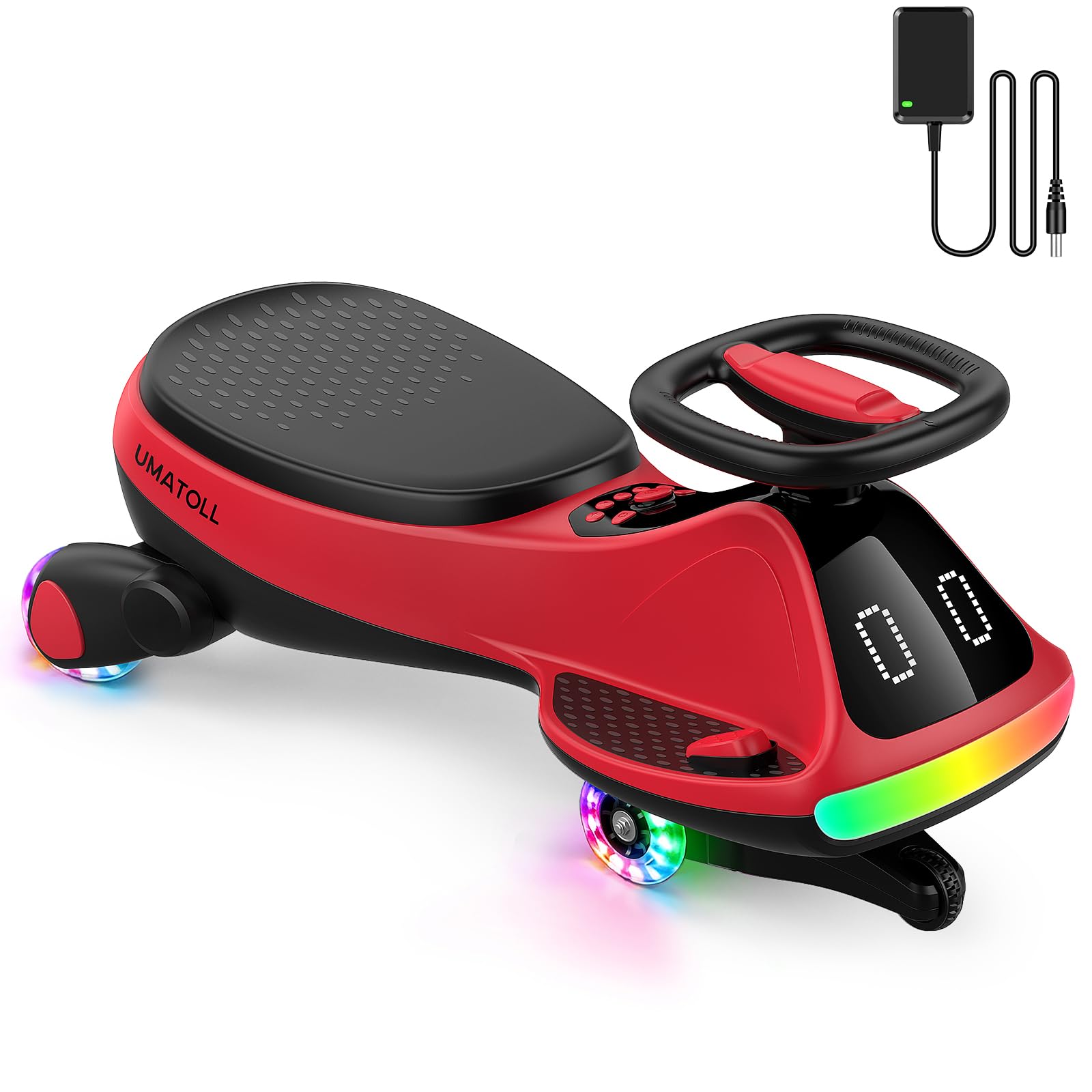 Umatoll 12V Electric Wiggle Car for Kids with Pedal, Display, Rechargeable Battery, LED Light, Bluetooth, Light-Up Wheels, Anti-Rollover, 2 Speeds, Ride on Toys, Birthday Gifts for Age 3+, 150Lbs