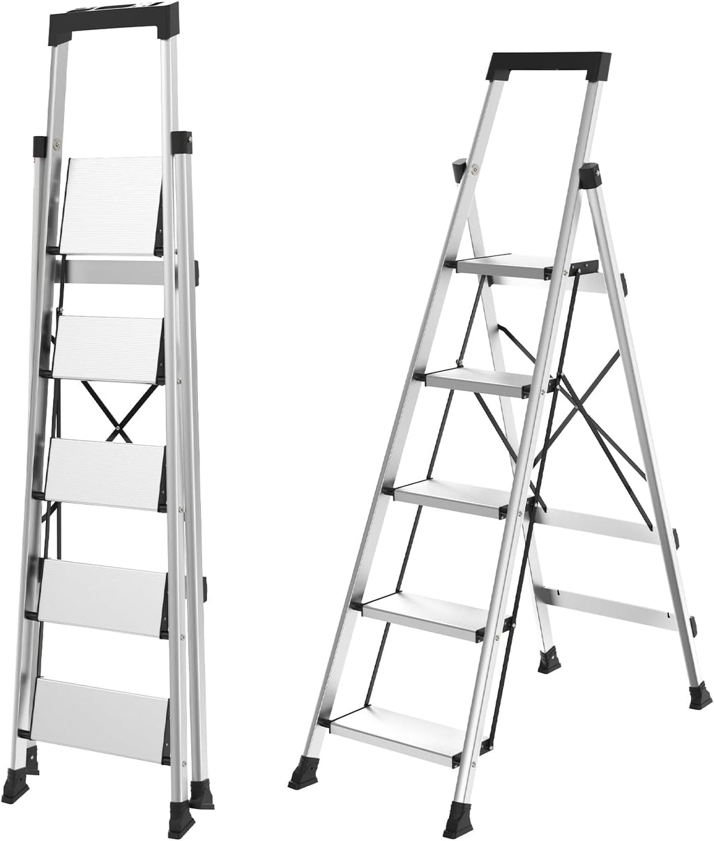 HBtower 5 Aluminum Step Ladder, Strudy Ladders for Home with Tool Tray, Anti-Slip Folding Step Stool for Adults, Light Weight Portable 330lbs Safety for Kitchen Warehouse Outdoor Work