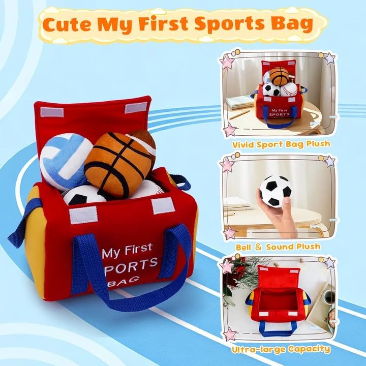 My First Sports Bag Plush, Baby Sports Toys Plushie with 5 Pcs Ball Plushy for Toddlers, First Birthday Gifts for Boys Girls