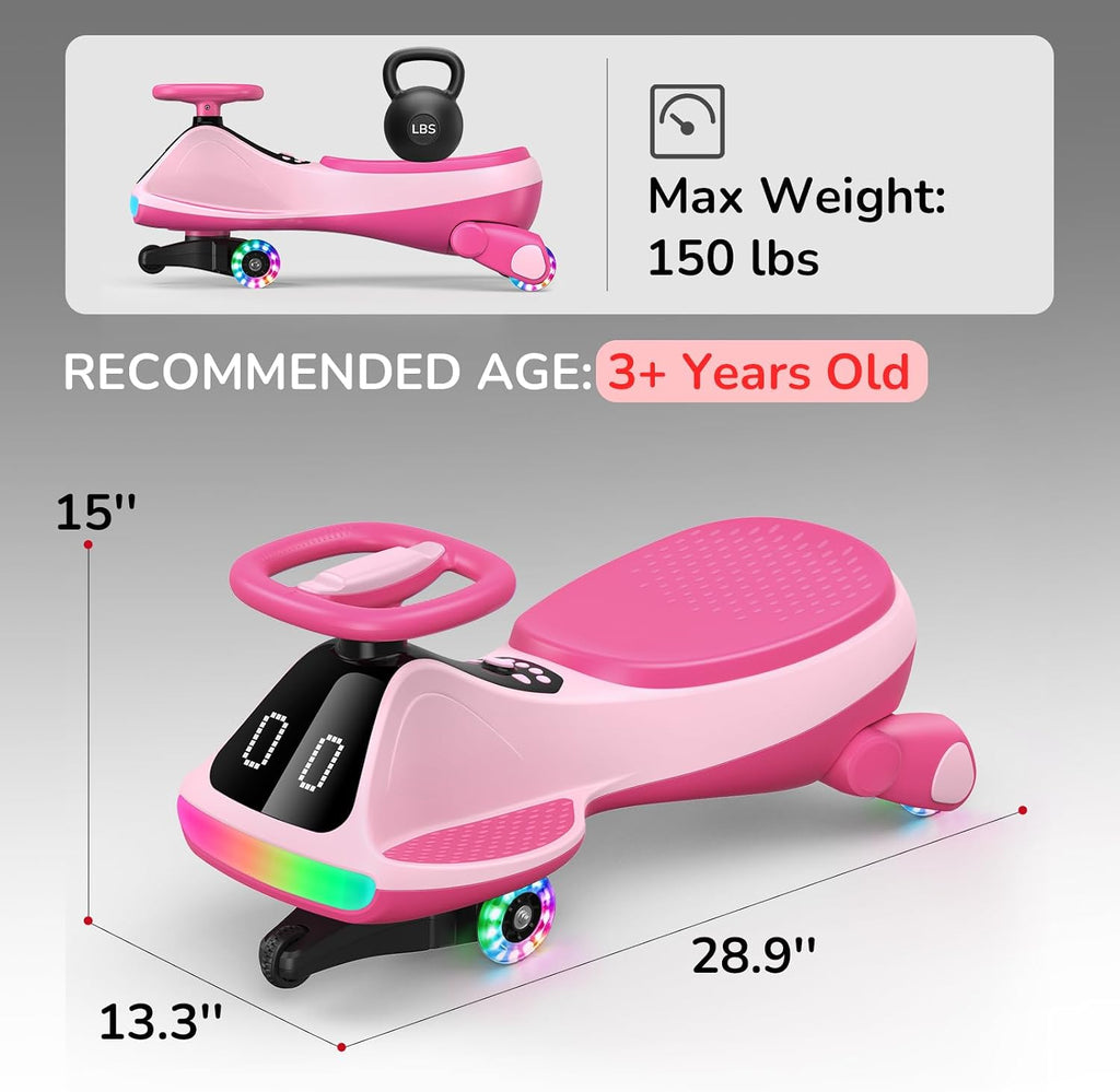 Umatoll 12V Electric Wiggle Car for Kids with Pedal, Display, Rechargeable Battery, LED Light, Bluetooth, Light-Up Wheels, Anti-Rollover, 2 Speeds, Ride on Toys, Birthday Gifts for Age 3+, 150Lbs