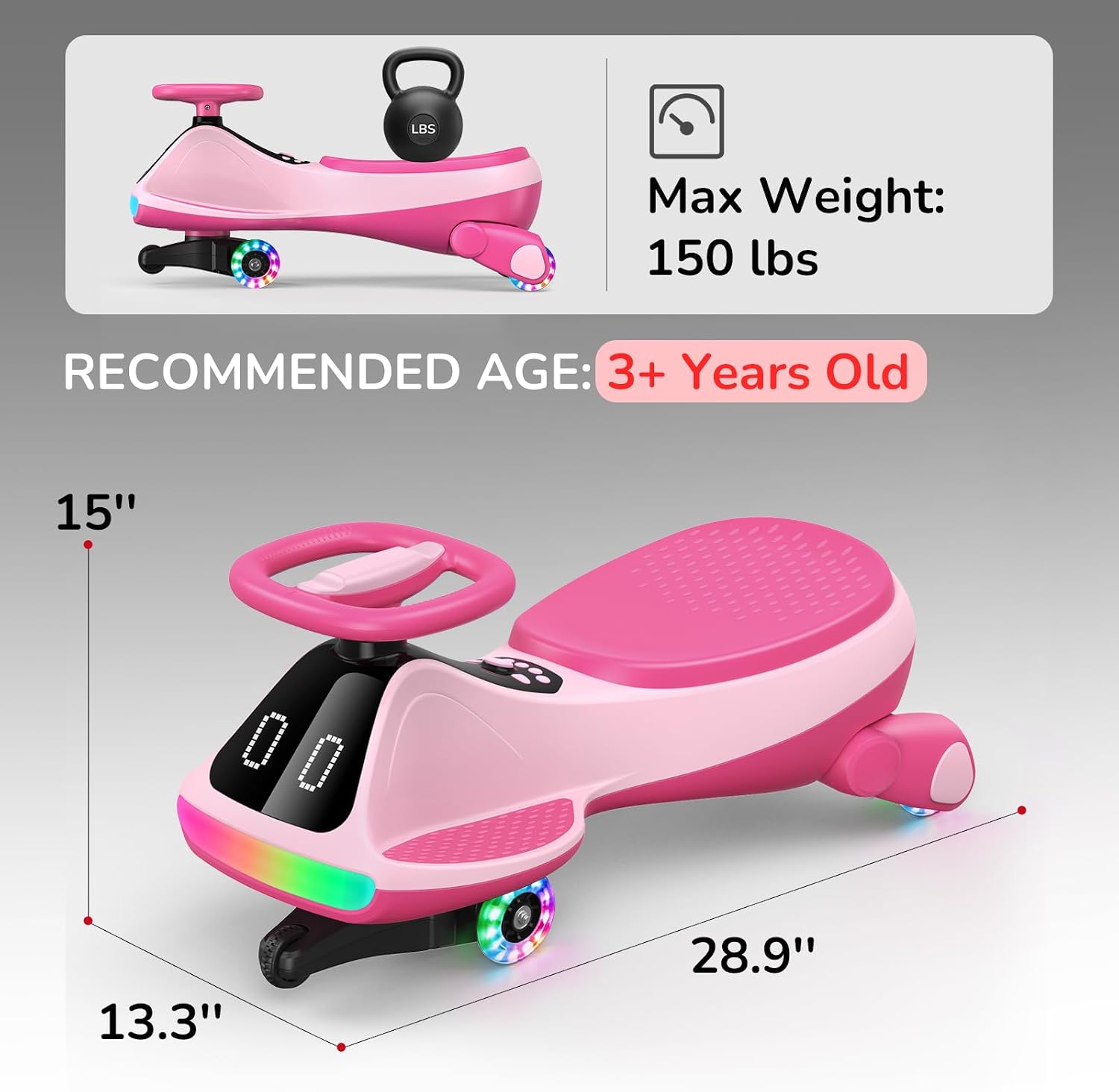 Umatoll 12V Electric Wiggle Car for Kids with Pedal, Display, Rechargeable Battery, LED Light, Bluetooth, Light-Up Wheels, Anti-Rollover, 2 Speeds, Ride on Toys, Birthday Gifts for Age 3+, 150Lbs