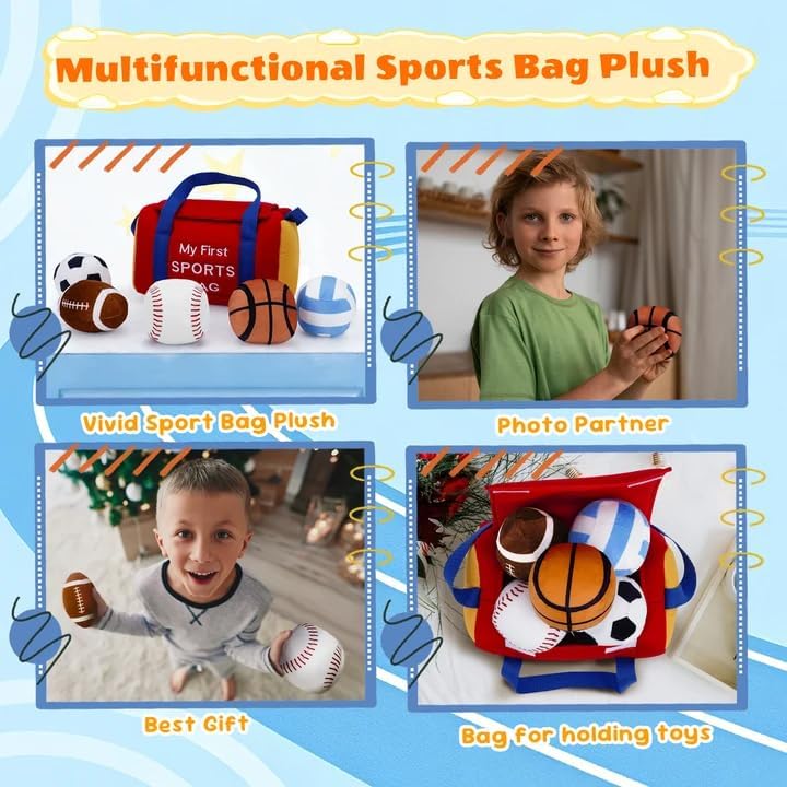 My First Sports Bag Plush, Baby Sports Toys Plushie with 5 Pcs Ball Plushy for Toddlers, First Birthday Gifts for Boys Girls