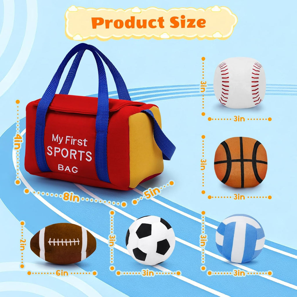 My First Sports Bag Plush, Baby Sports Toys Plushie with 5 Pcs Ball Plushy for Toddlers, First Birthday Gifts for Boys Girls