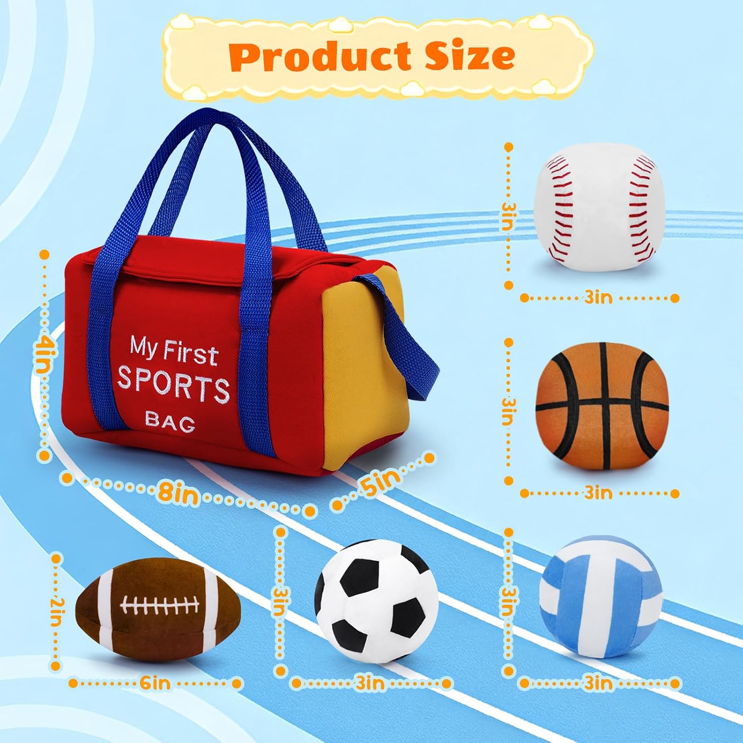 My First Sports Bag Plush, Baby Sports Toys Plushie with 5 Pcs Ball Plushy for Toddlers, First Birthday Gifts for Boys Girls