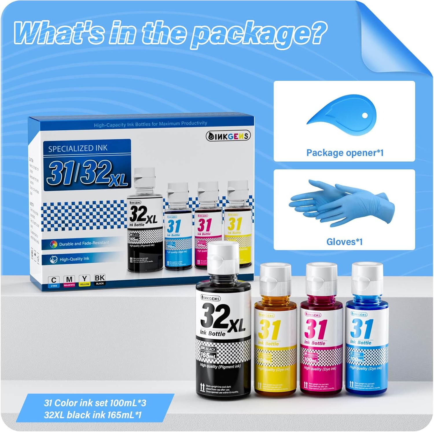 31 32XL Ink Bottle Set Refill for HP Smart Tank 7600 7602 7300 7301 7001, 5000 5101 5102, 6000 6001 651 551 Printer. Black CMY