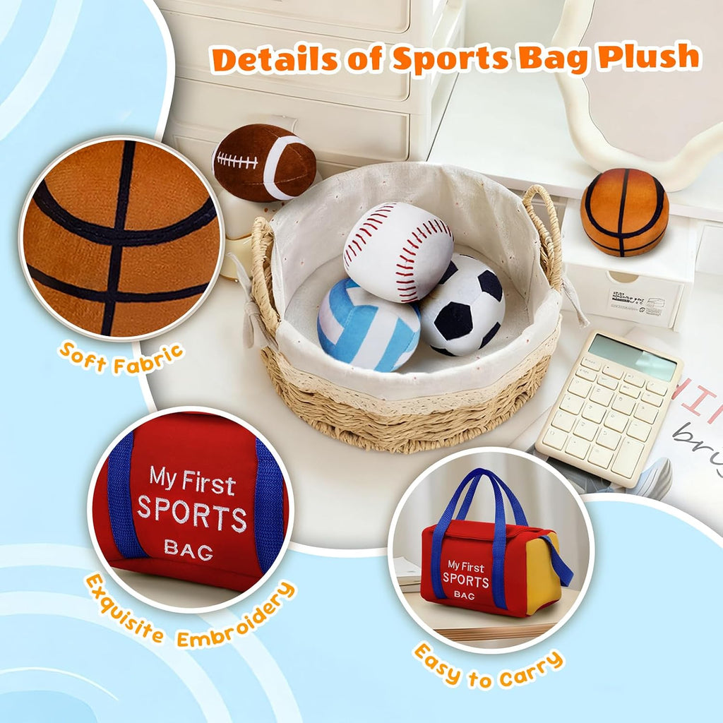 My First Sports Bag Plush, Baby Sports Toys Plushie with 5 Pcs Ball Plushy for Toddlers, First Birthday Gifts for Boys Girls