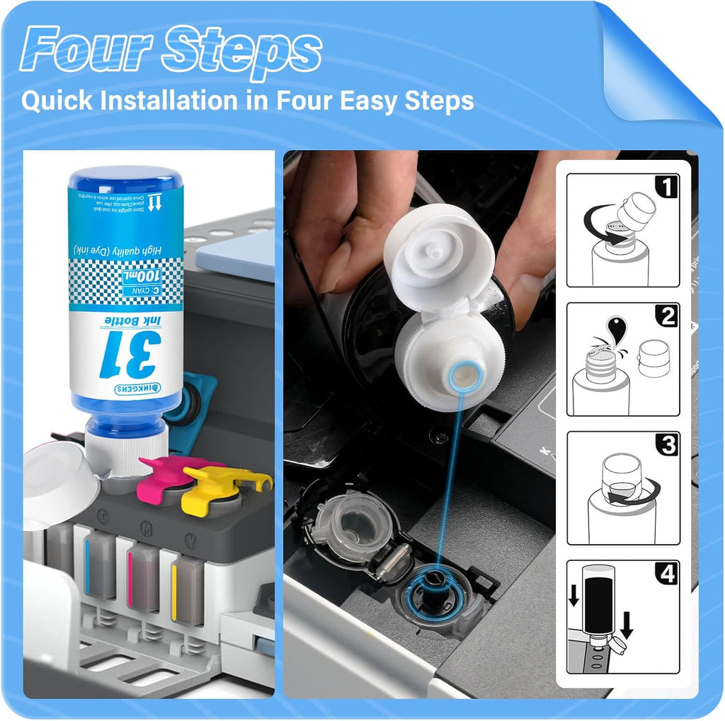 31 32XL Ink Bottle Set Refill for HP Smart Tank 7600 7602 7300 7301 7001, 5000 5101 5102, 6000 6001 651 551 Printer. Black CMY