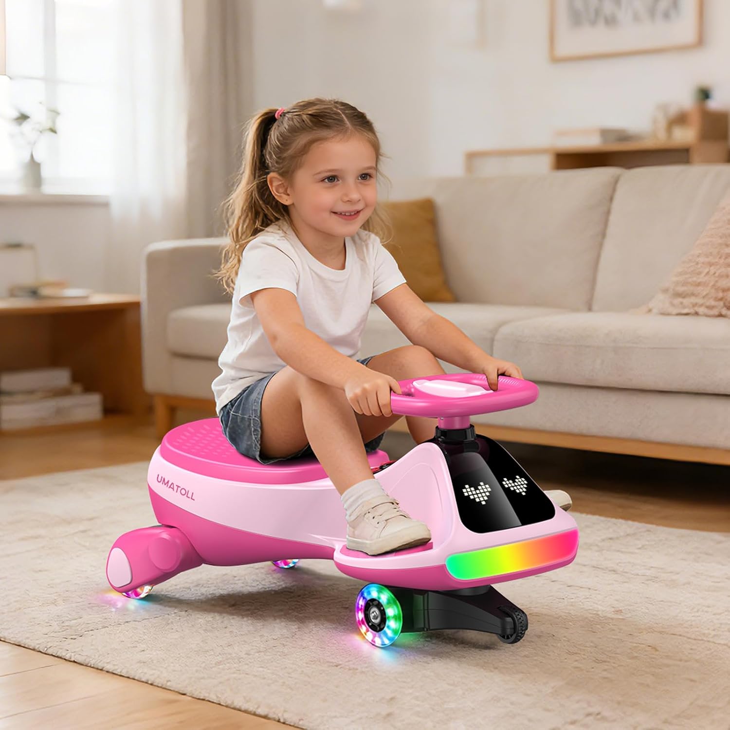 Umatoll 12V Electric Wiggle Car for Kids with Pedal, Display, Rechargeable Battery, LED Light, Bluetooth, Light-Up Wheels, Anti-Rollover, 2 Speeds, Ride on Toys, Birthday Gifts for Age 3+, 150Lbs