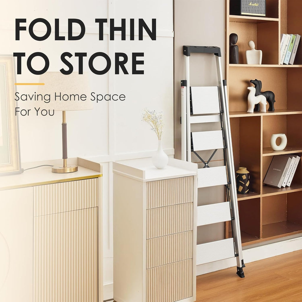 HBtower 5 Aluminum Step Ladder, Strudy Ladders for Home with Tool Tray, Anti-Slip Folding Step Stool for Adults, Light Weight Portable 330lbs Safety for Kitchen Warehouse Outdoor Work