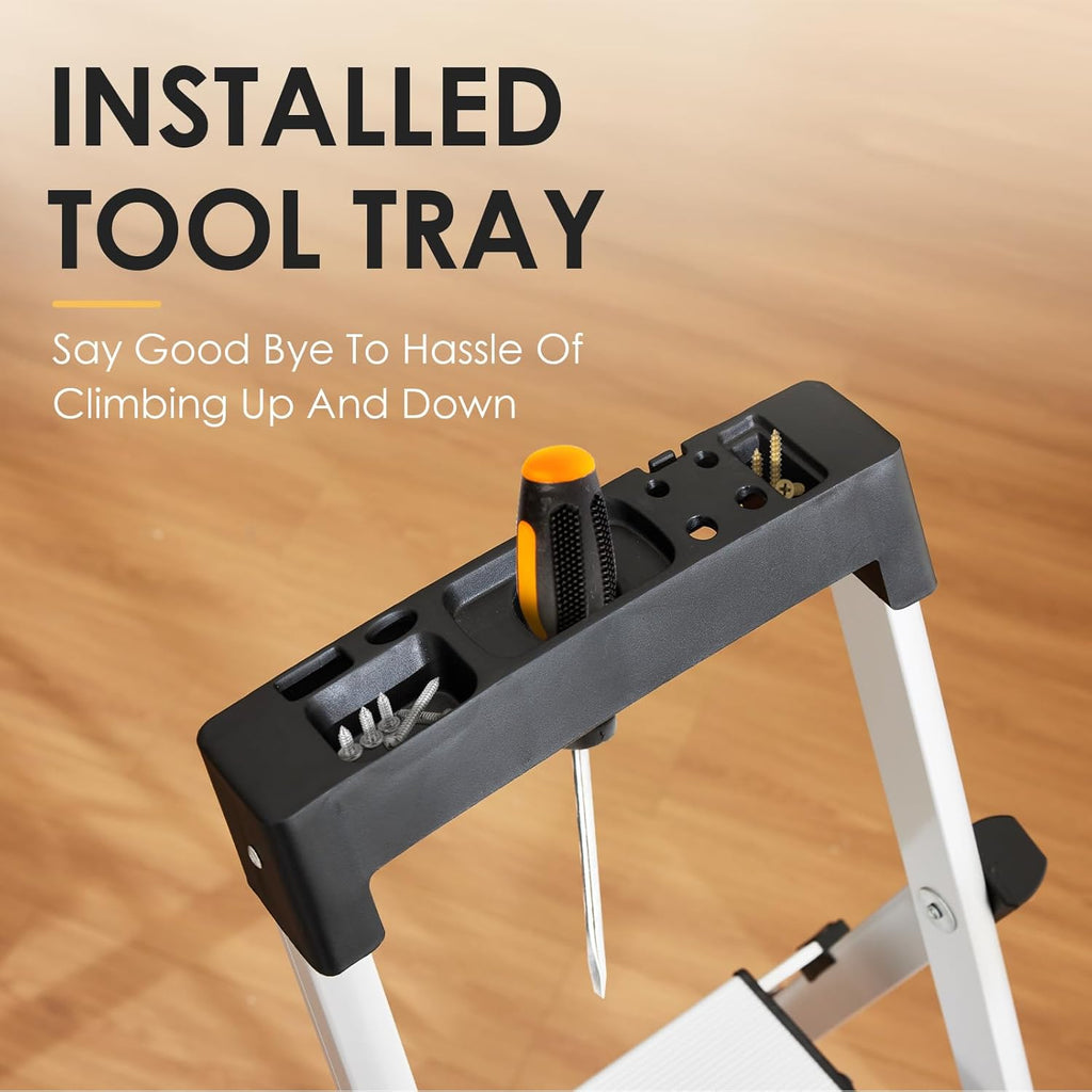 HBtower 5 Aluminum Step Ladder, Strudy Ladders for Home with Tool Tray, Anti-Slip Folding Step Stool for Adults, Light Weight Portable 330lbs Safety for Kitchen Warehouse Outdoor Work