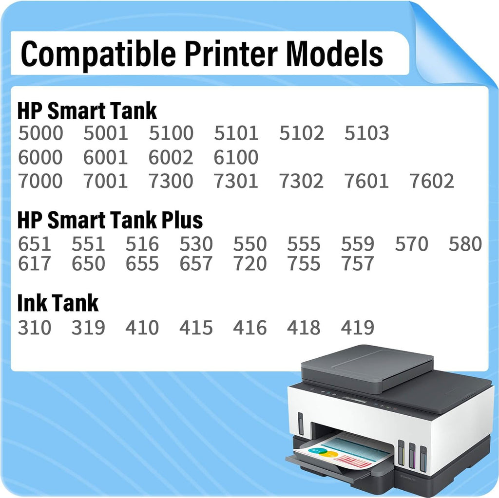 31 32XL Ink Bottle Set Refill for HP Smart Tank 7600 7602 7300 7301 7001, 5000 5101 5102, 6000 6001 651 551 Printer. Black CMY