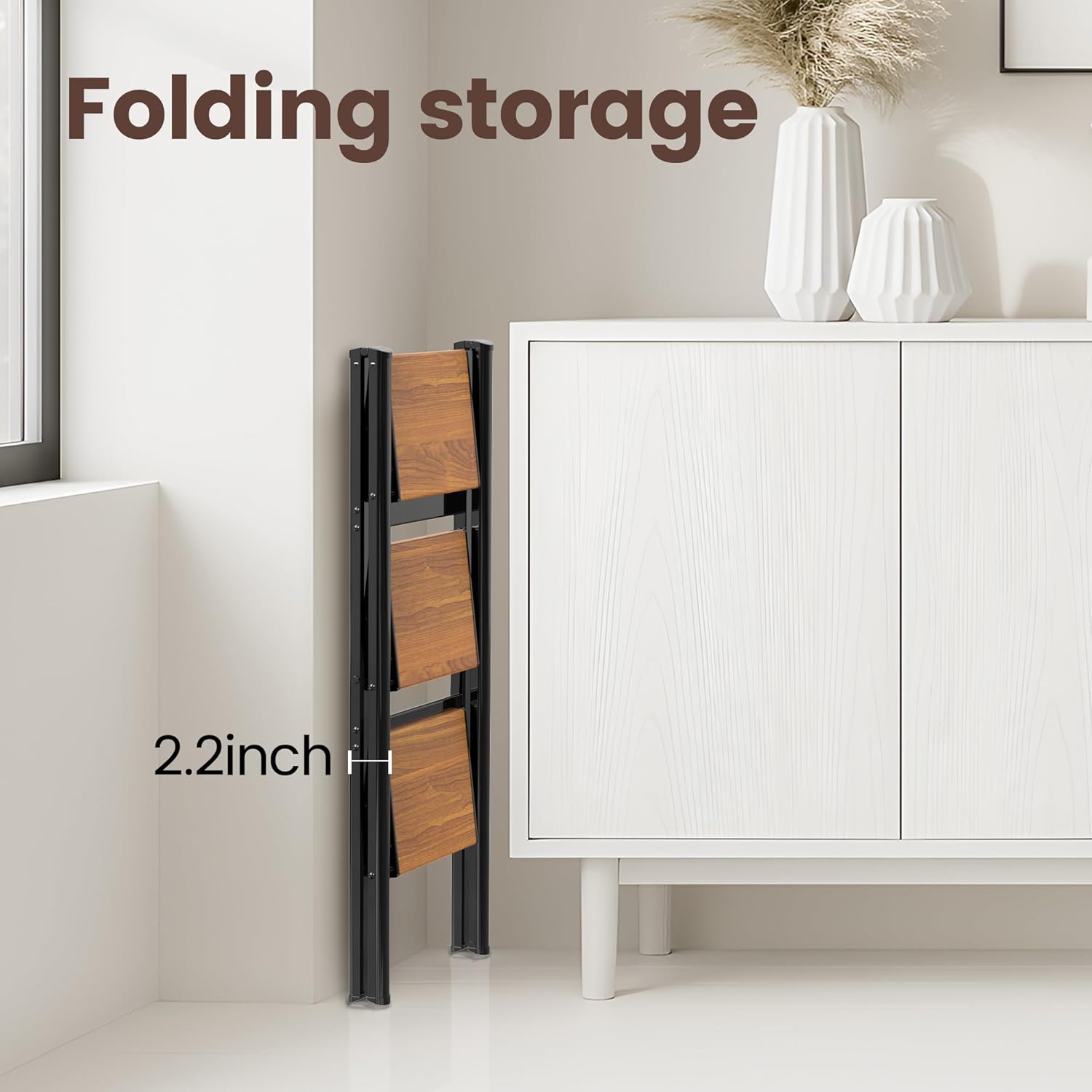 HBTower Step Ladder,Lightweight Aluminum Folding Step Stool with Anti-Slip Wide Pedal,330lbs Capacity Step Ladder for Household,Kitchen,Office - BlackWoodgrain