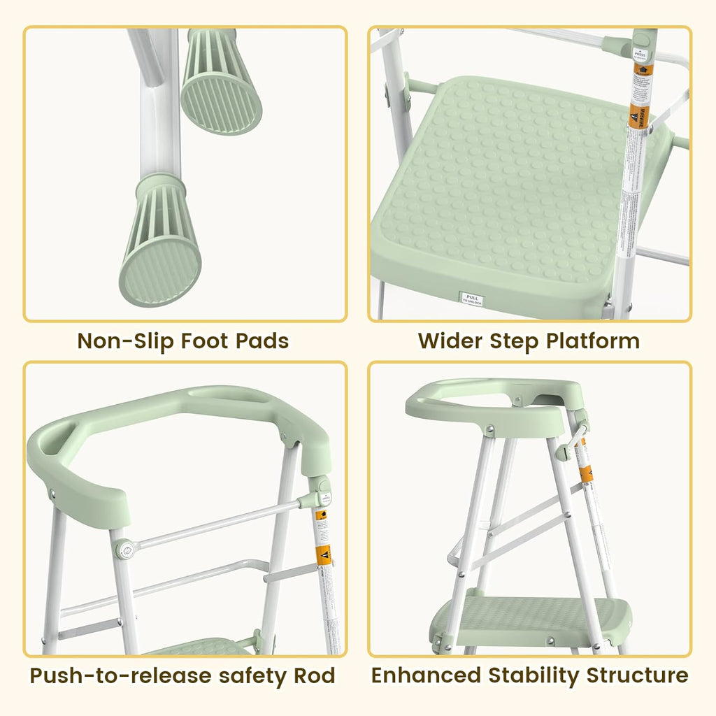 HBTower Kids Step Stool 2 Steps, Toddler Tower for Kitchen Counter Learning, Toddler Kitchen Stool Helper with Anti-Drop Safty Railing Kids Standing Folding Stepper, Green