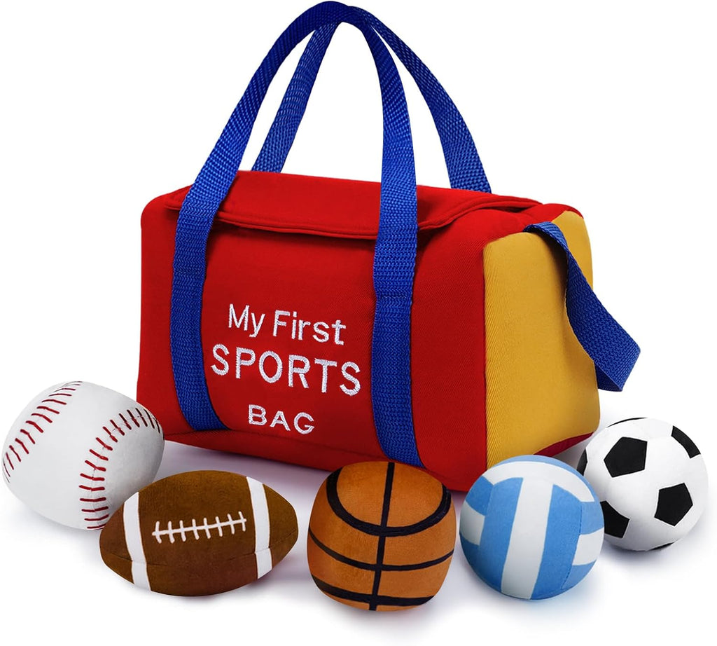 My First Sports Bag Plush, Baby Sports Toys Plushie with 5 Pcs Ball Plushy for Toddlers, First Birthday Gifts for Boys Girls