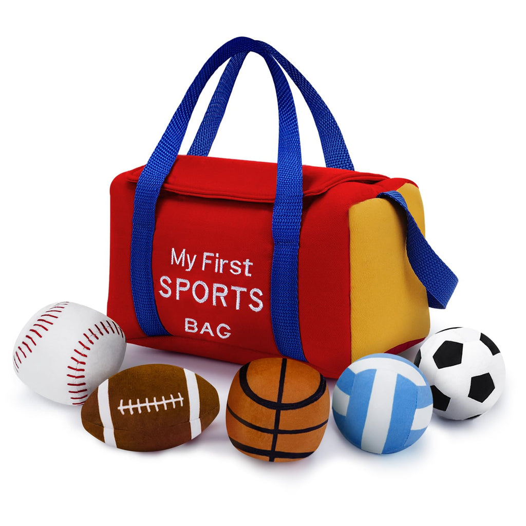 My First Sports Bag Plush, Baby Sports Toys Plushie with 5 Pcs Ball Plushy for Toddlers, First Birthday Gifts for Boys Girls