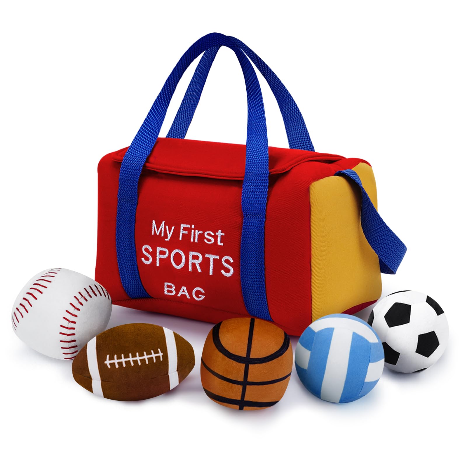 My First Sports Bag Plush, Baby Sports Toys Plushie with 5 Pcs Ball Plushy for Toddlers, First Birthday Gifts for Boys Girls