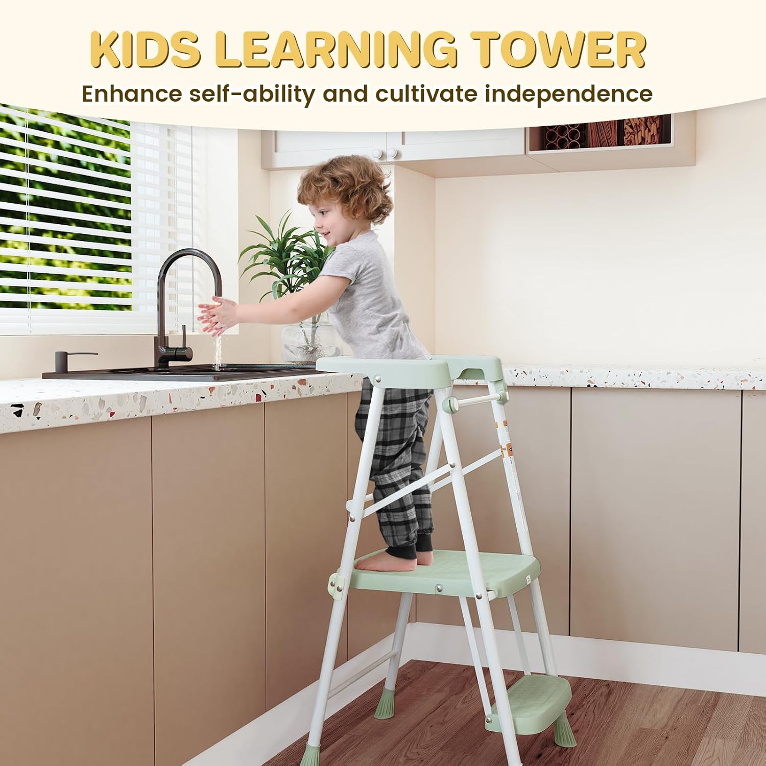 HBTower Kids Step Stool 2 Steps, Toddler Tower for Kitchen Counter Learning, Toddler Kitchen Stool Helper with Anti-Drop Safty Railing Kids Standing Folding Stepper, Green