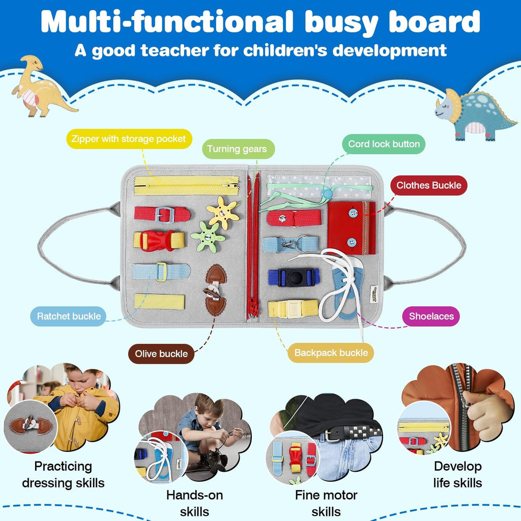 JHkim Busy Board Montessori Toys for Boy & Girl Birthday Gifts, Autism Sensory Travel Toy for Toddlers, Educational Activity Sensory Busy Book for Learning Fine Motor Skills, Gray