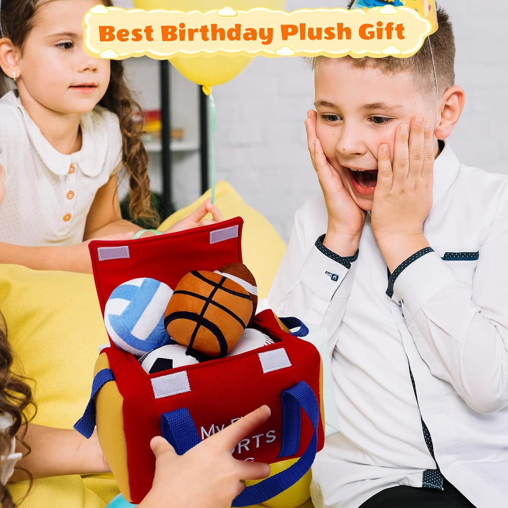 My First Sports Bag Plush, Baby Sports Toys Plushie with 5 Pcs Ball Plushy for Toddlers, First Birthday Gifts for Boys Girls