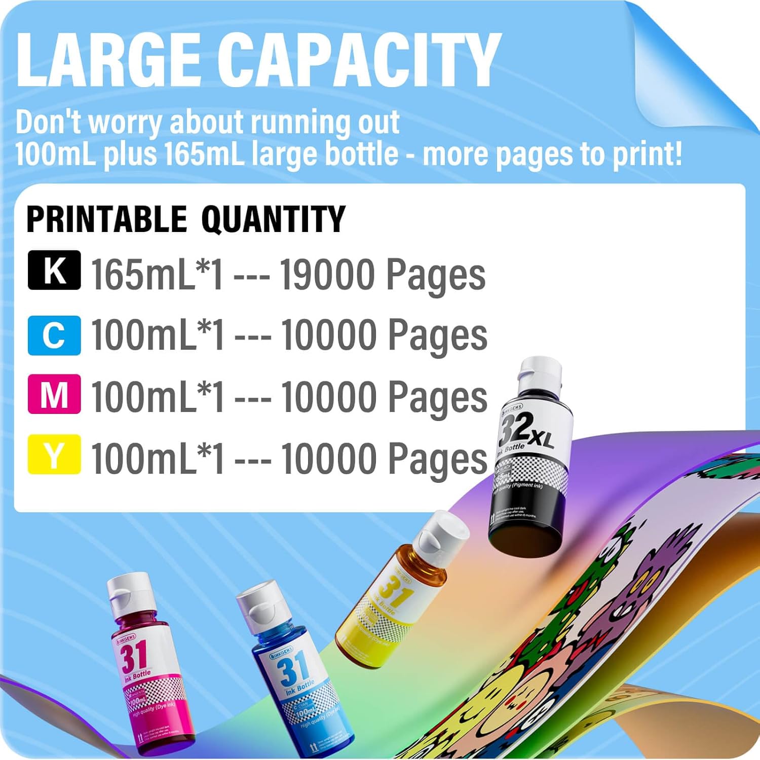 31 32XL Ink Bottle Set Refill for HP Smart Tank 7600 7602 7300 7301 7001, 5000 5101 5102, 6000 6001 651 551 Printer. Black CMY