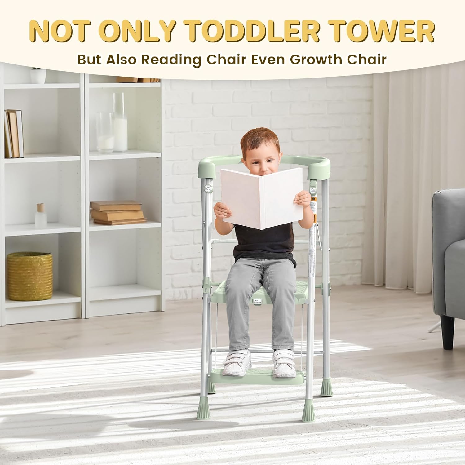 HBTower Kids Step Stool 2 Steps, Toddler Tower for Kitchen Counter Learning, Toddler Kitchen Stool Helper with Anti-Drop Safty Railing Kids Standing Folding Stepper, Green