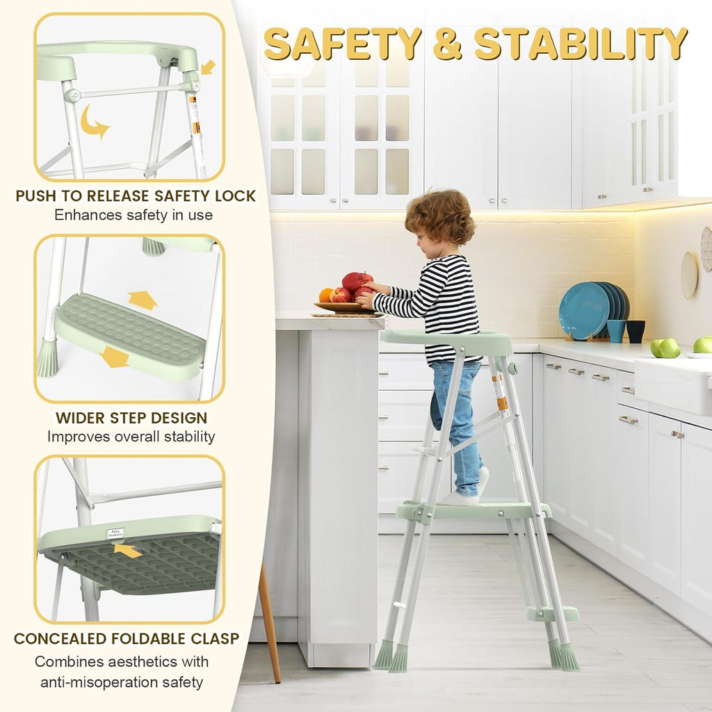 HBTower Kids Step Stool 2 Steps, Toddler Tower for Kitchen Counter Learning, Toddler Kitchen Stool Helper with Anti-Drop Safty Railing Kids Standing Folding Stepper, Green