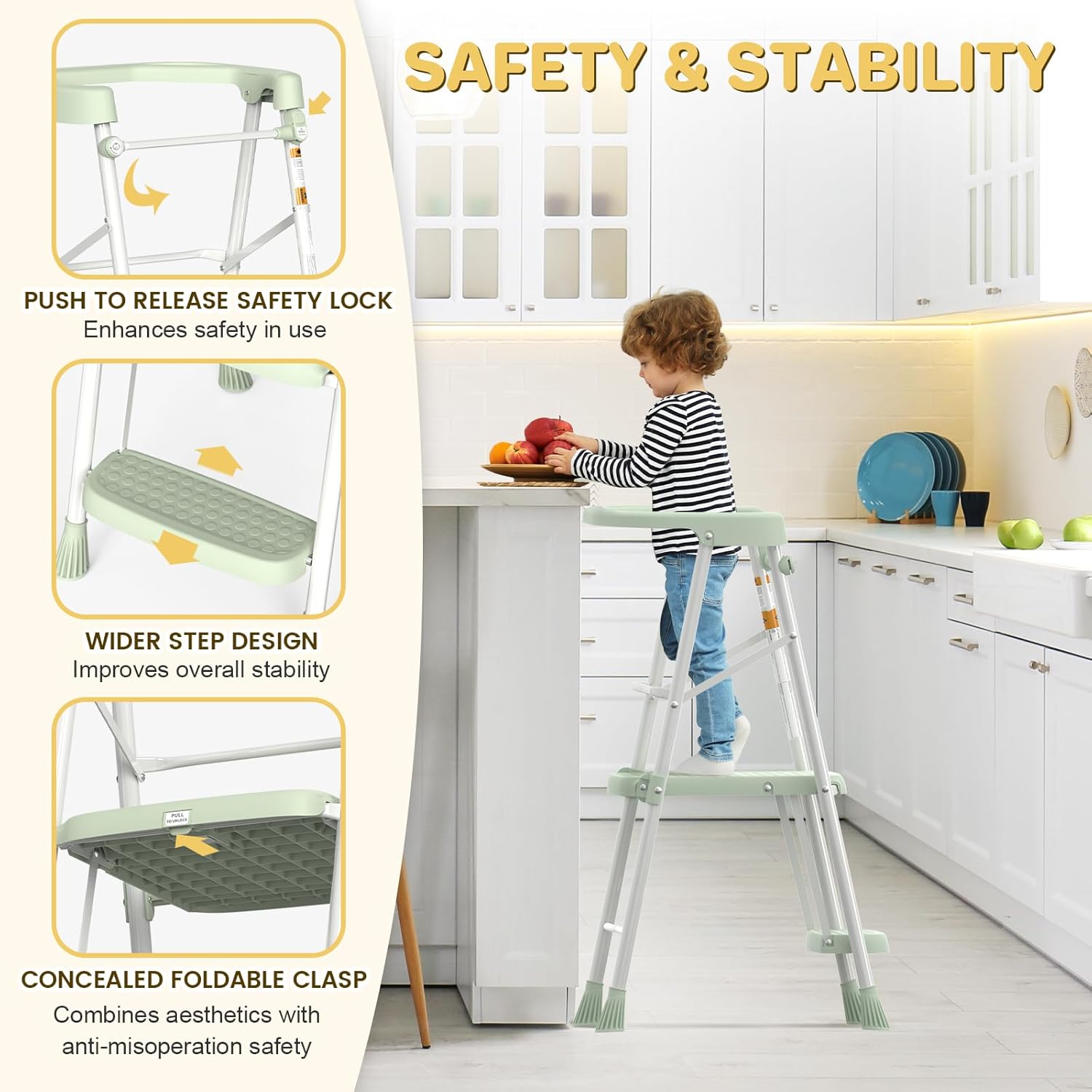 HBTower Kids Step Stool 2 Steps, Toddler Tower for Kitchen Counter Learning, Toddler Kitchen Stool Helper with Anti-Drop Safty Railing Kids Standing Folding Stepper, Green