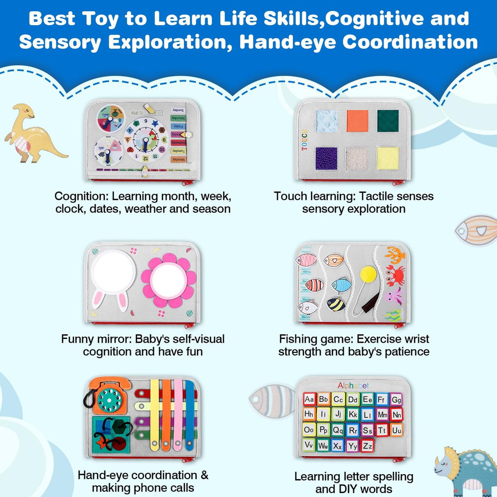JHkim Busy Board Montessori Toys for Boy & Girl Birthday Gifts, Autism Sensory Travel Toy for Toddlers, Educational Activity Sensory Busy Book for Learning Fine Motor Skills, Gray