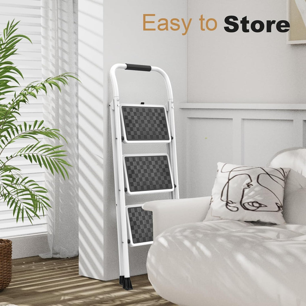 HBTower 3 Step Ladder,3 Step Stool for Adults Folding Step Stool with Cushioned Handle with Wide Anti-Slip Pedal Ergonomic Design