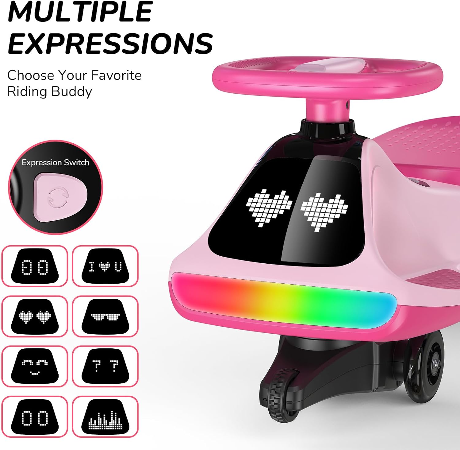 Umatoll 12V Electric Wiggle Car for Kids with Pedal, Display, Rechargeable Battery, LED Light, Bluetooth, Light-Up Wheels, Anti-Rollover, 2 Speeds, Ride on Toys, Birthday Gifts for Age 3+, 150Lbs