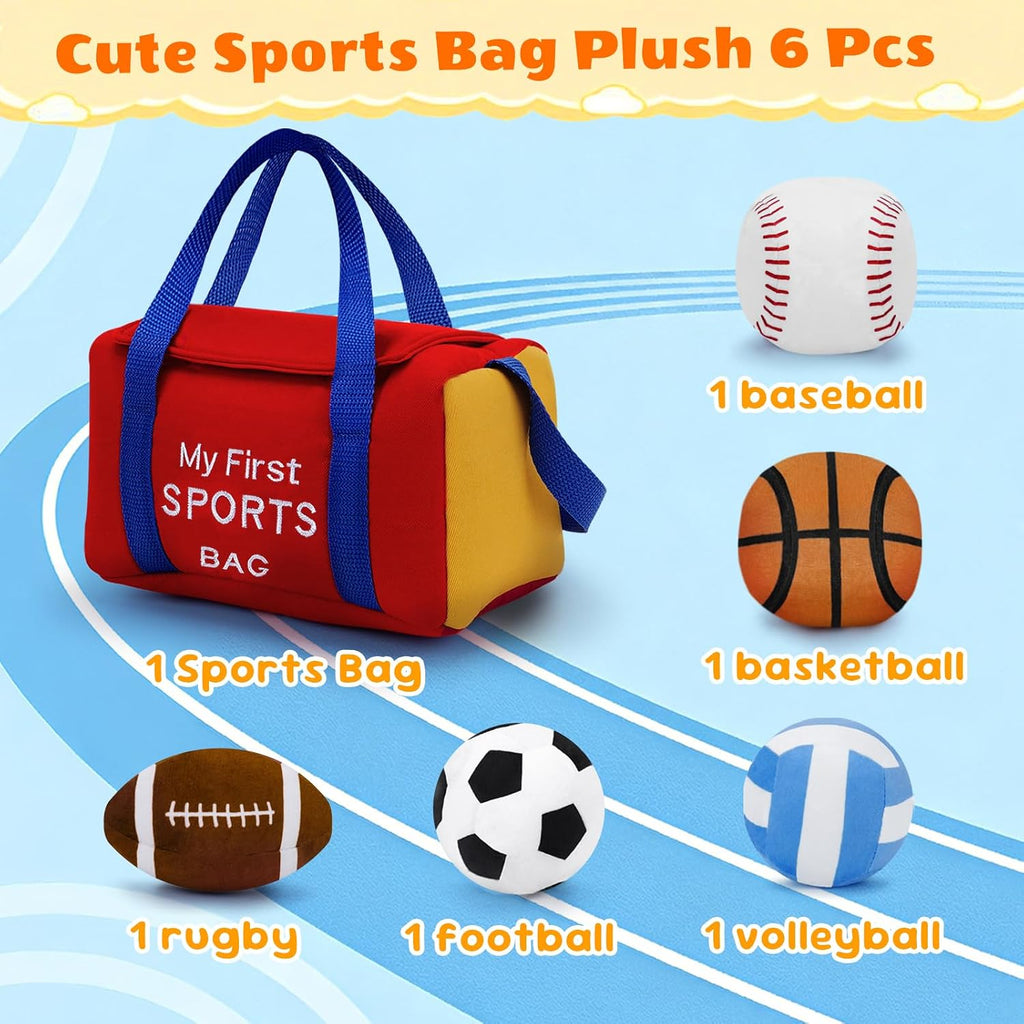 My First Sports Bag Plush, Baby Sports Toys Plushie with 5 Pcs Ball Plushy for Toddlers, First Birthday Gifts for Boys Girls