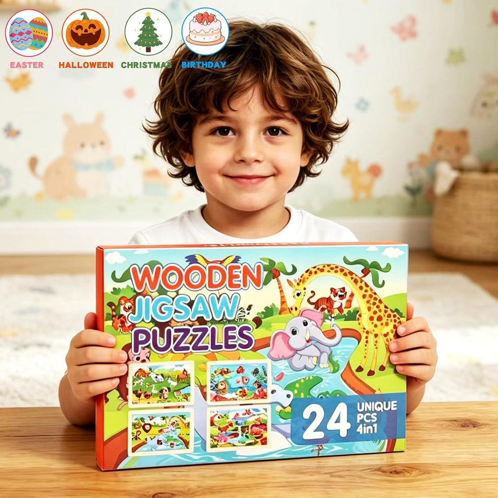 Puzzles for Kids Ages 4-6, 4 Packs 24 Piece Wooden Jigsaw Puzzle for Toddlers 5-8, Preschool Educational Puzzle Boards Toys Gifts for 4 5 6 7 8 Boys Girls