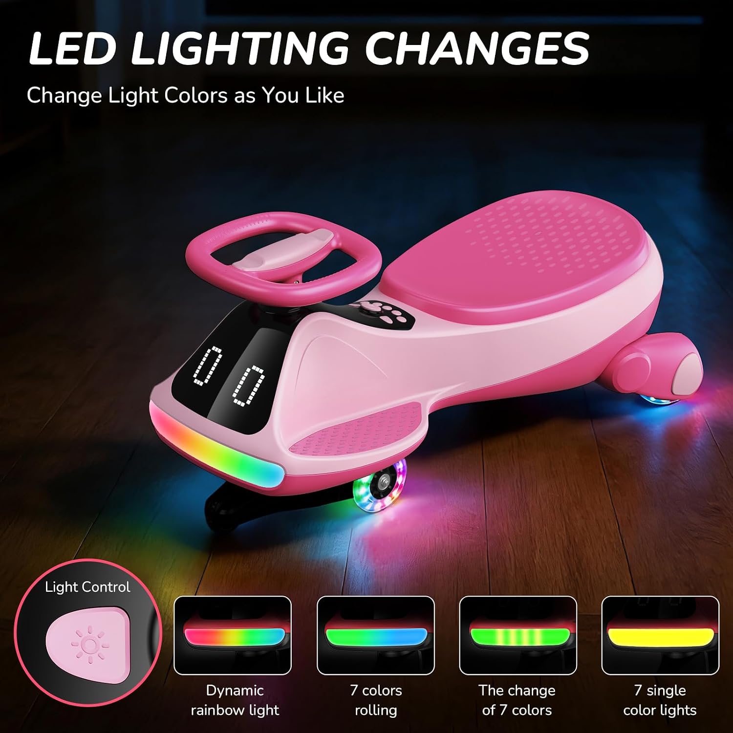 Umatoll 12V Electric Wiggle Car for Kids with Pedal, Display, Rechargeable Battery, LED Light, Bluetooth, Light-Up Wheels, Anti-Rollover, 2 Speeds, Ride on Toys, Birthday Gifts for Age 3+, 150Lbs