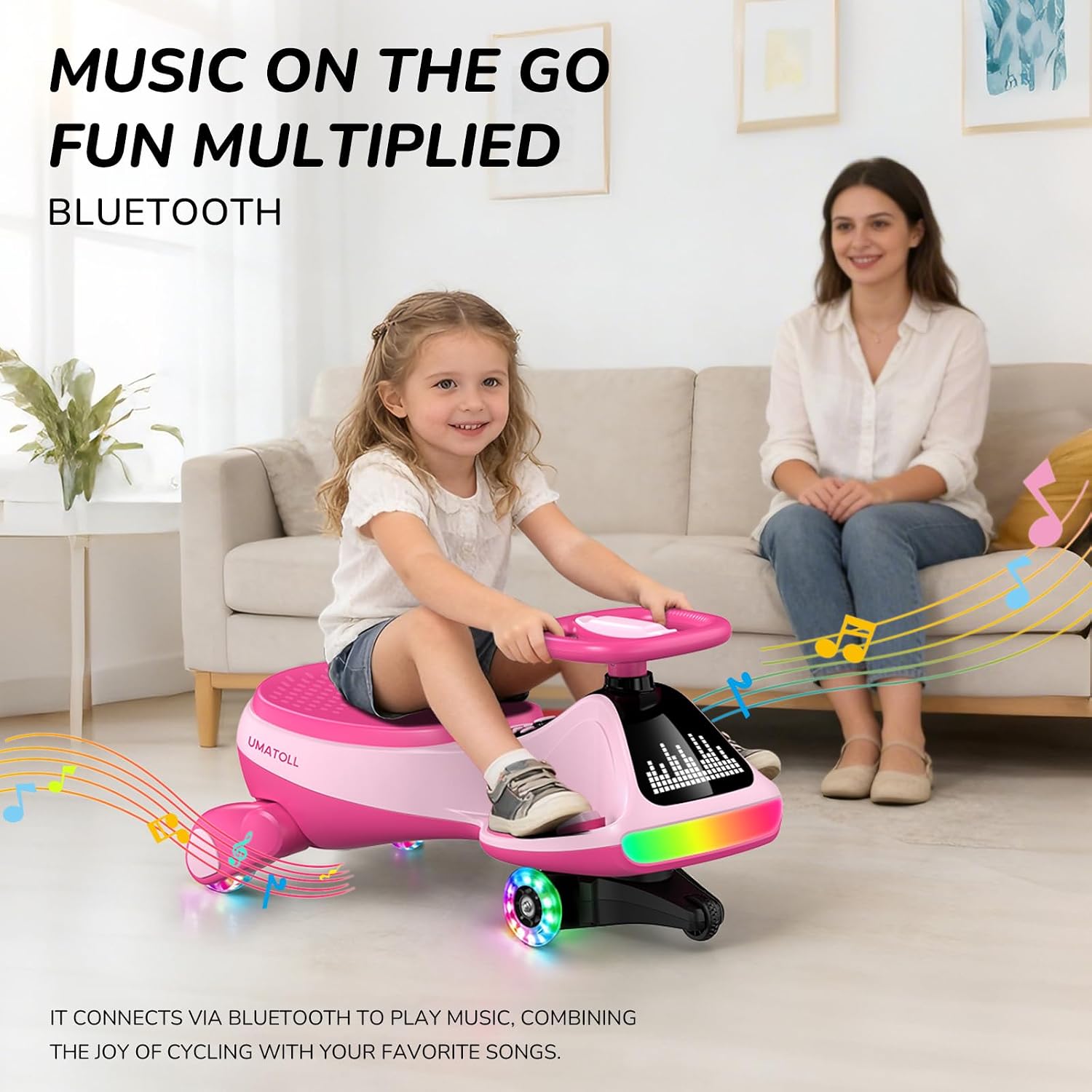 Umatoll 12V Electric Wiggle Car for Kids with Pedal, Display, Rechargeable Battery, LED Light, Bluetooth, Light-Up Wheels, Anti-Rollover, 2 Speeds, Ride on Toys, Birthday Gifts for Age 3+, 150Lbs