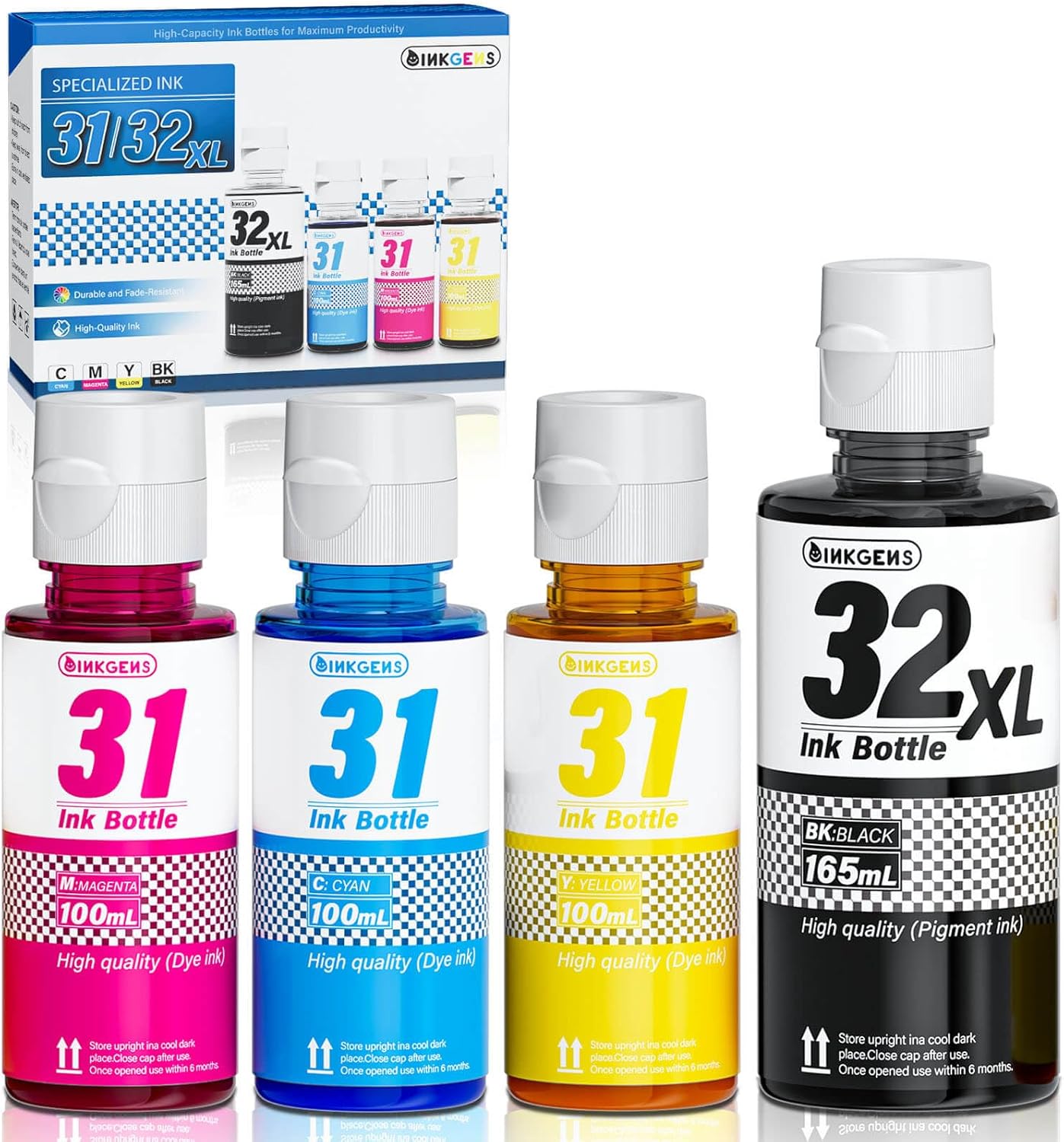 31 32XL Ink Bottle Set Refill for HP Smart Tank 7600 7602 7300 7301 7001, 5000 5101 5102, 6000 6001 651 551 Printer. Black CMY