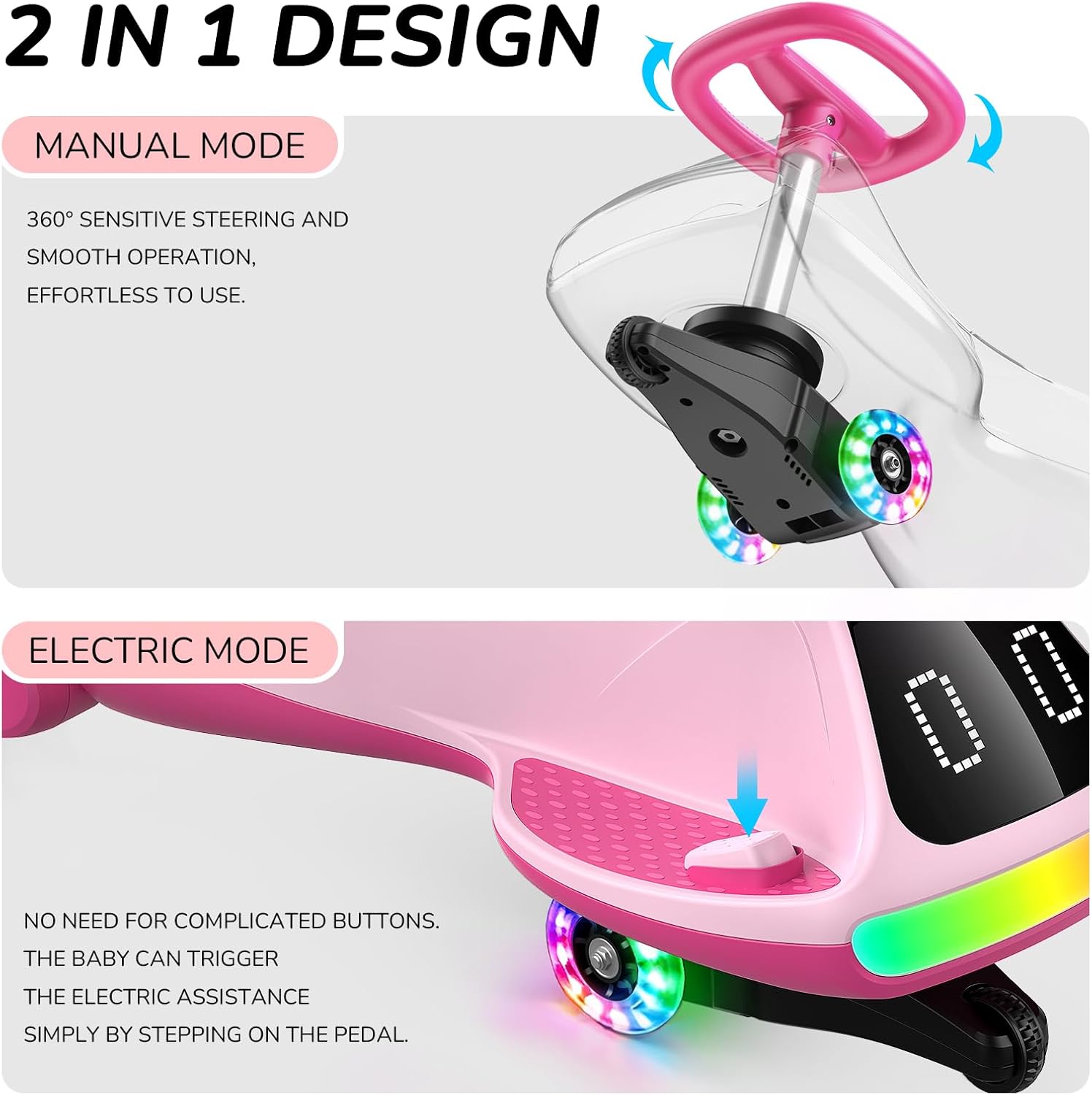 Umatoll 12V Electric Wiggle Car for Kids with Pedal, Display, Rechargeable Battery, LED Light, Bluetooth, Light-Up Wheels, Anti-Rollover, 2 Speeds, Ride on Toys, Birthday Gifts for Age 3+, 150Lbs