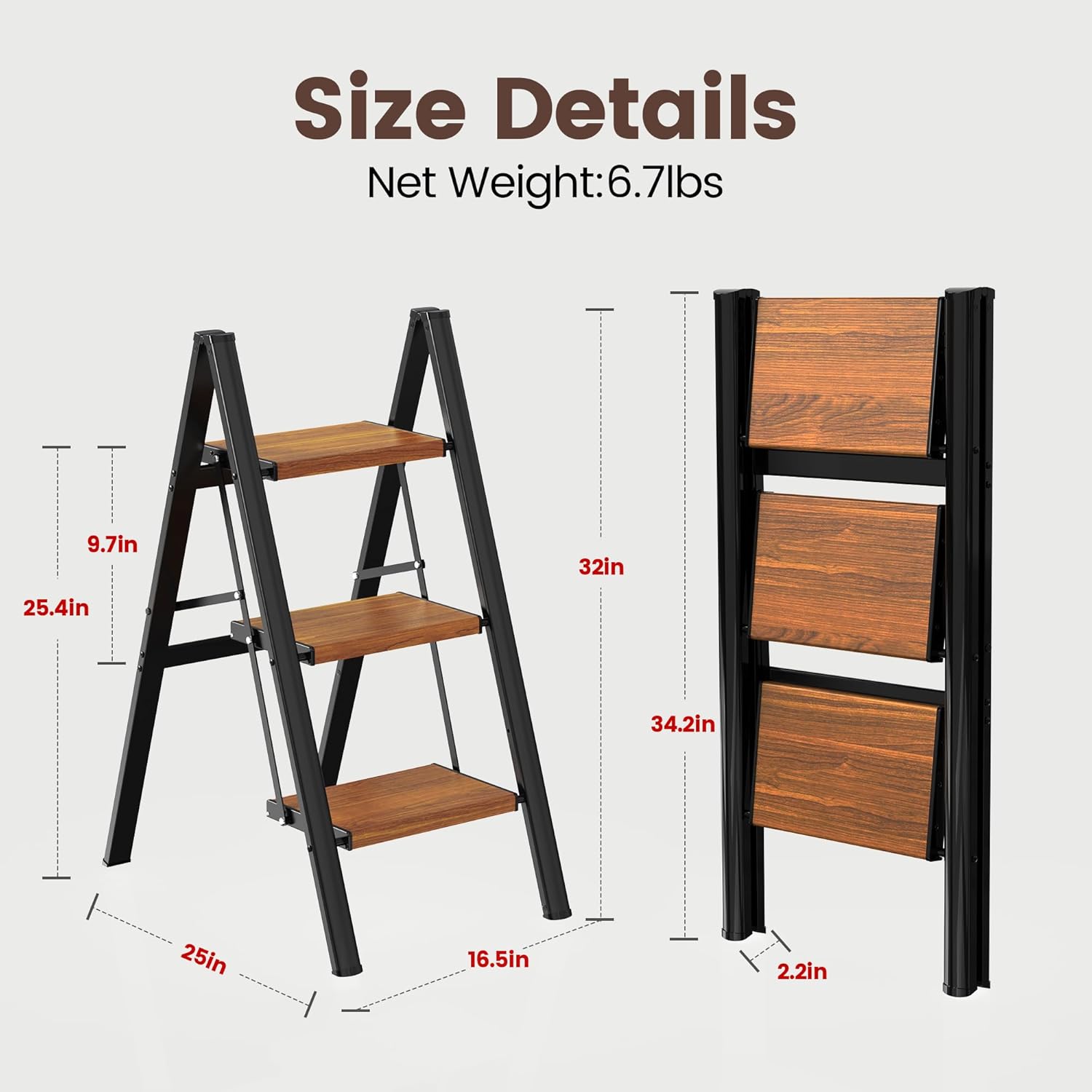 HBTower Step Ladder,Lightweight Aluminum Folding Step Stool with Anti-Slip Wide Pedal,330lbs Capacity Step Ladder for Household,Kitchen,Office - BlackWoodgrain