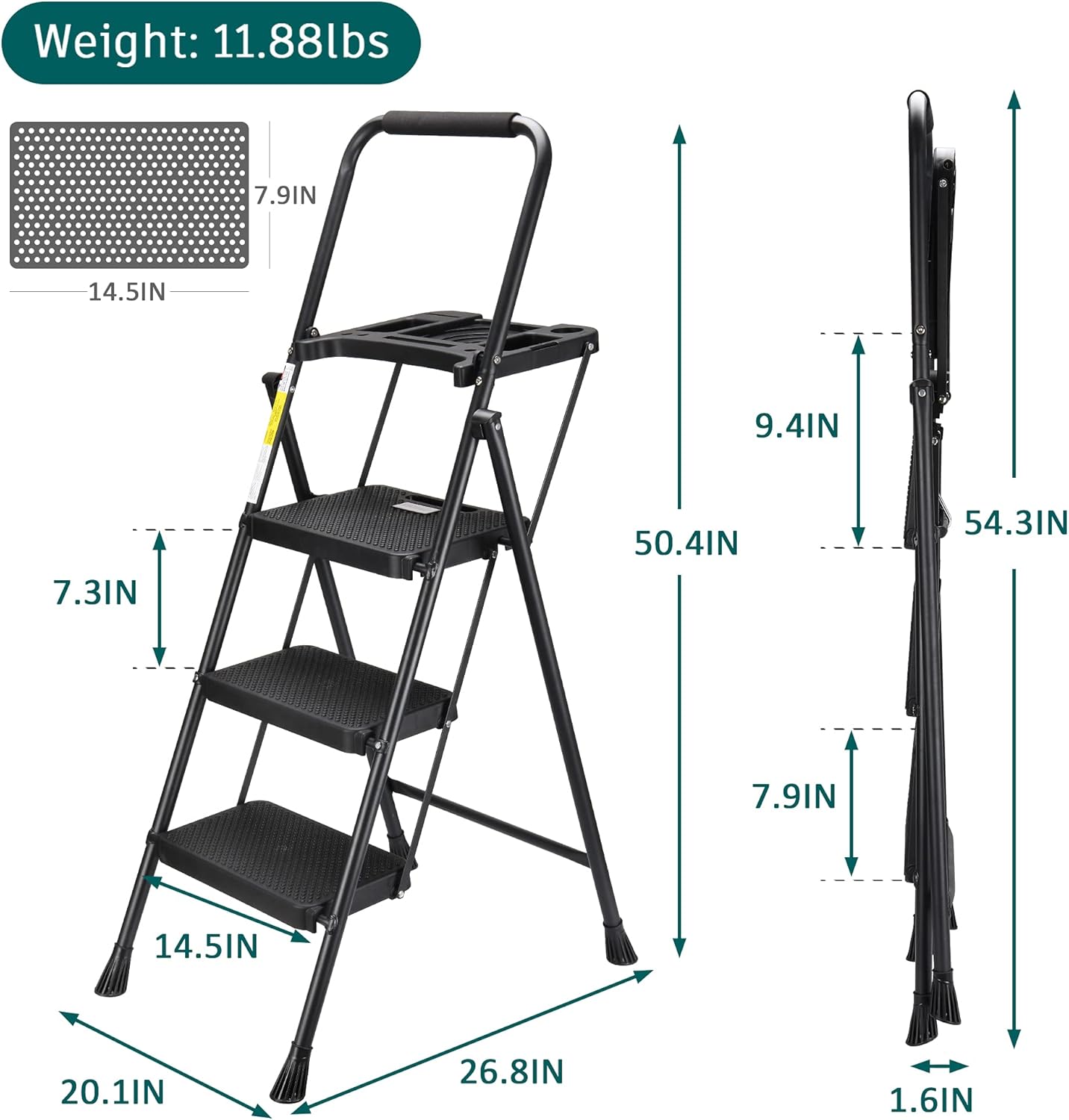 HBTower 3 Step Ladder with Tool Tray, Folding Step Stool with Wide Non-Slip Pedal and Comfort Handgrip for Household and Office, Lightweight 500lbs Capacity Step Ladder, Black