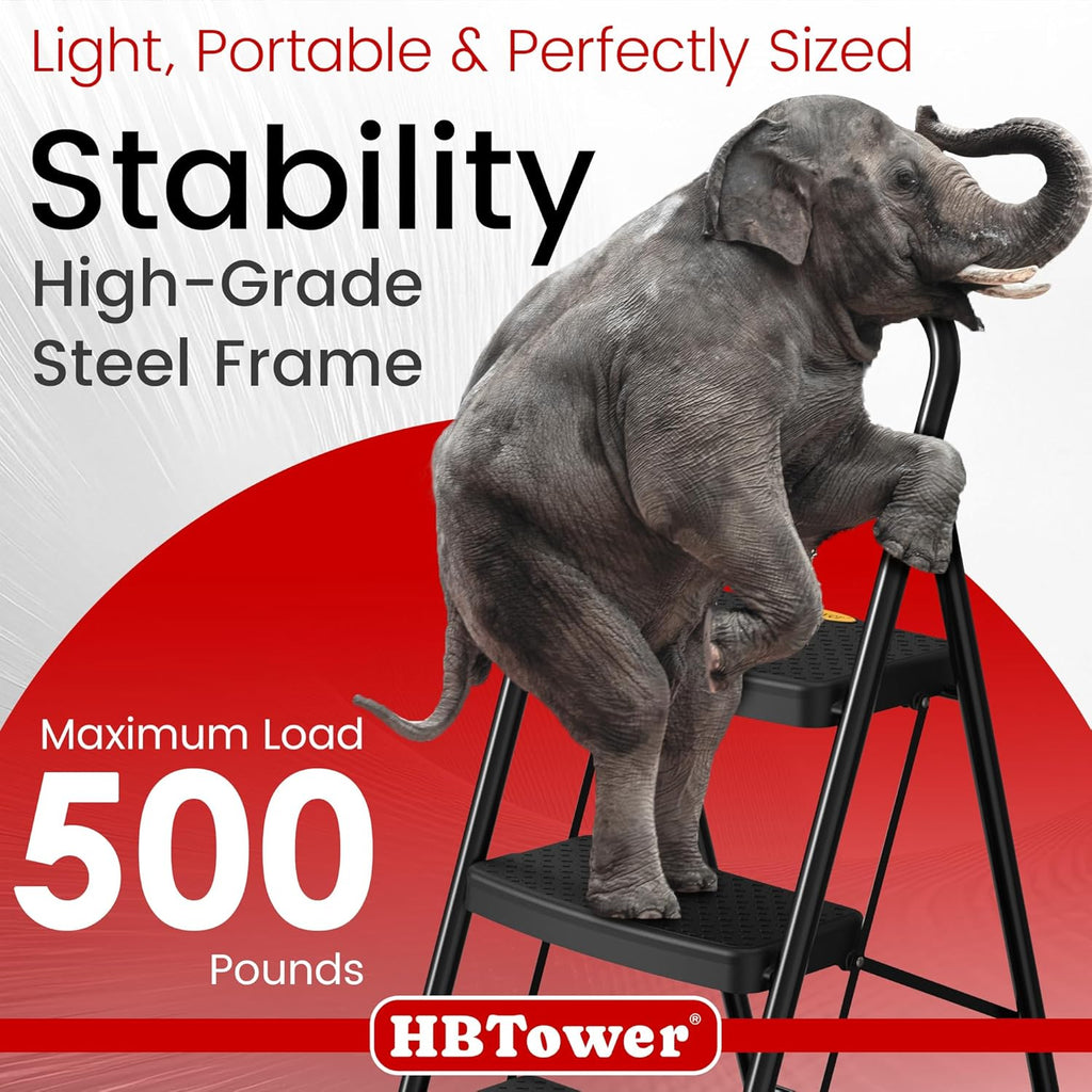 HBtower Step Ladder Sturdy, Heavy Duty Step Stool for Adults, Wide Anti-Slip Pedal Step Ladder Folding Step Stool for Home Kitchen Garage Outdoor (3 Step Ladder)