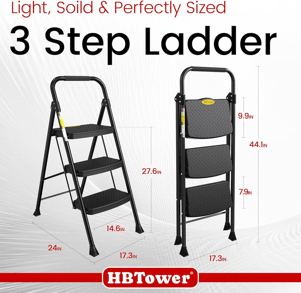 HBtower Step Ladder Sturdy, Heavy Duty Step Stool for Adults, Wide Anti-Slip Pedal Step Ladder Folding Step Stool for Home Kitchen Garage Outdoor (3 Step Ladder)