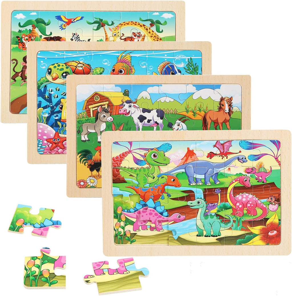 Puzzles for Kids Ages 4-6, 4 Packs 24 Piece Wooden Jigsaw Puzzle for Toddlers 5-8, Preschool Educational Puzzle Boards Toys Gifts for 4 5 6 7 8 Boys Girls