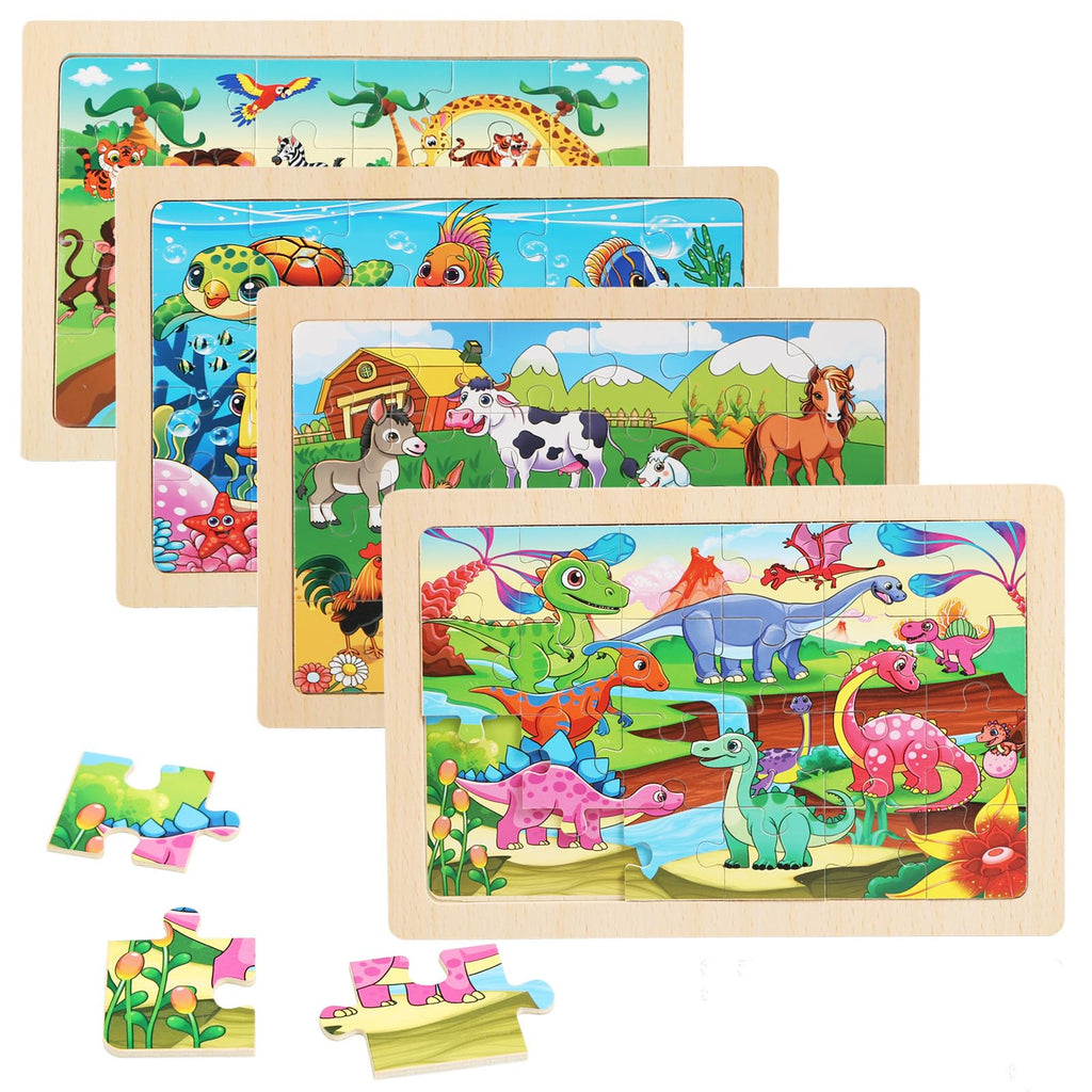 Puzzles for Kids Ages 4-6, 4 Packs 24 Piece Wooden Jigsaw Puzzle for Toddlers 5-8, Preschool Educational Puzzle Boards Toys Gifts for 4 5 6 7 8 Boys Girls
