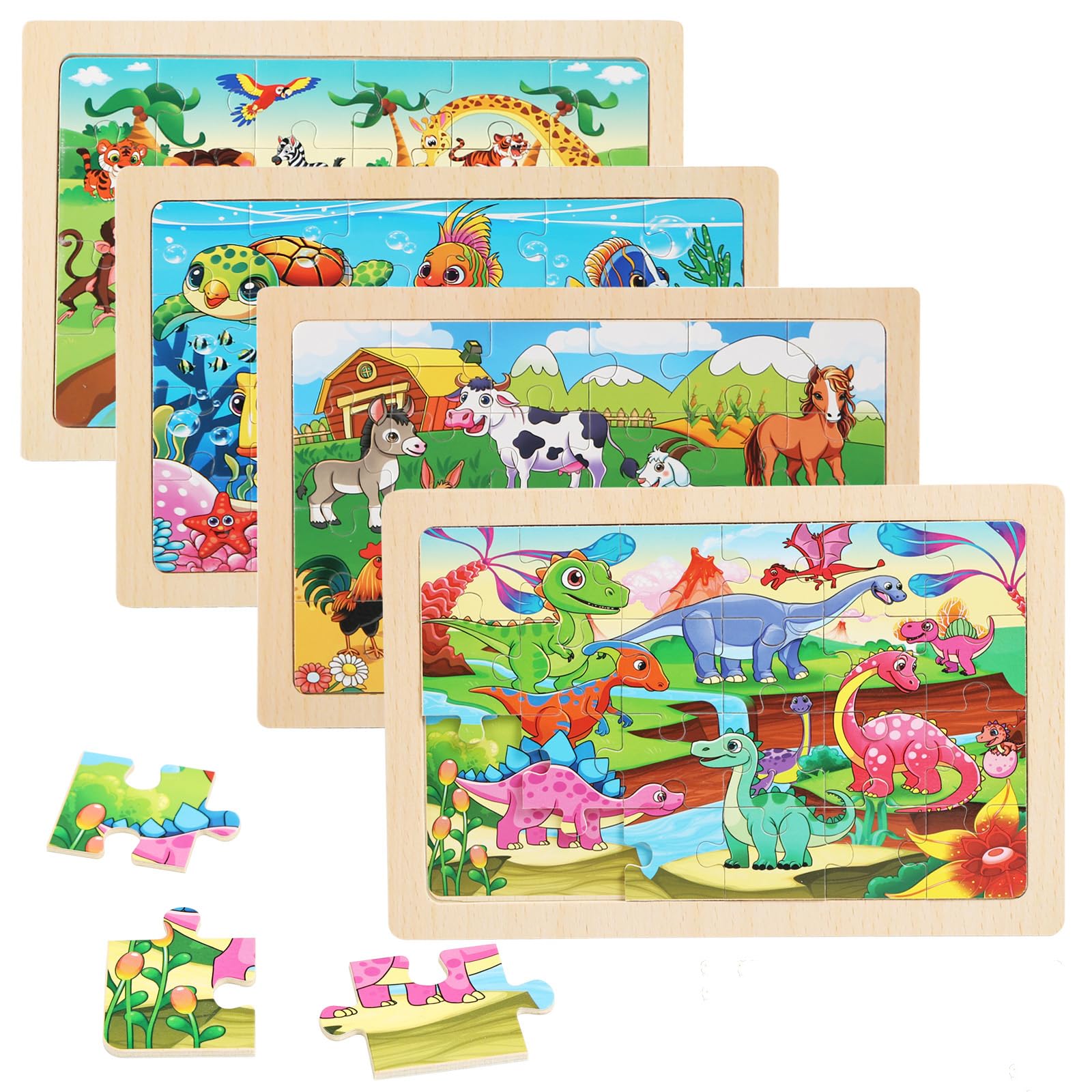 Puzzles for Kids Ages 4-6, 4 Packs 24 Piece Wooden Jigsaw Puzzle for Toddlers 5-8, Preschool Educational Puzzle Boards Toys Gifts for 4 5 6 7 8 Boys Girls