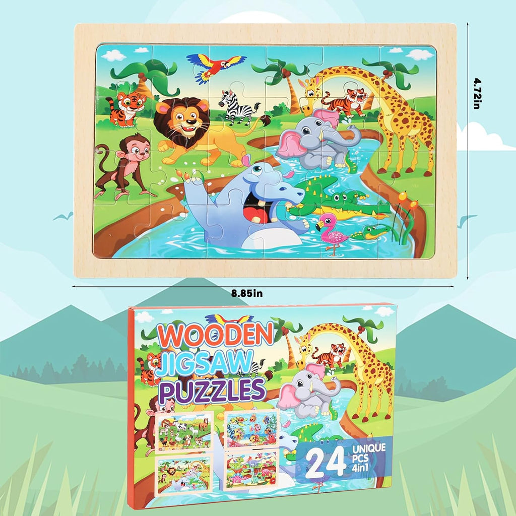 Puzzles for Kids Ages 4-6, 4 Packs 24 Piece Wooden Jigsaw Puzzle for Toddlers 5-8, Preschool Educational Puzzle Boards Toys Gifts for 4 5 6 7 8 Boys Girls