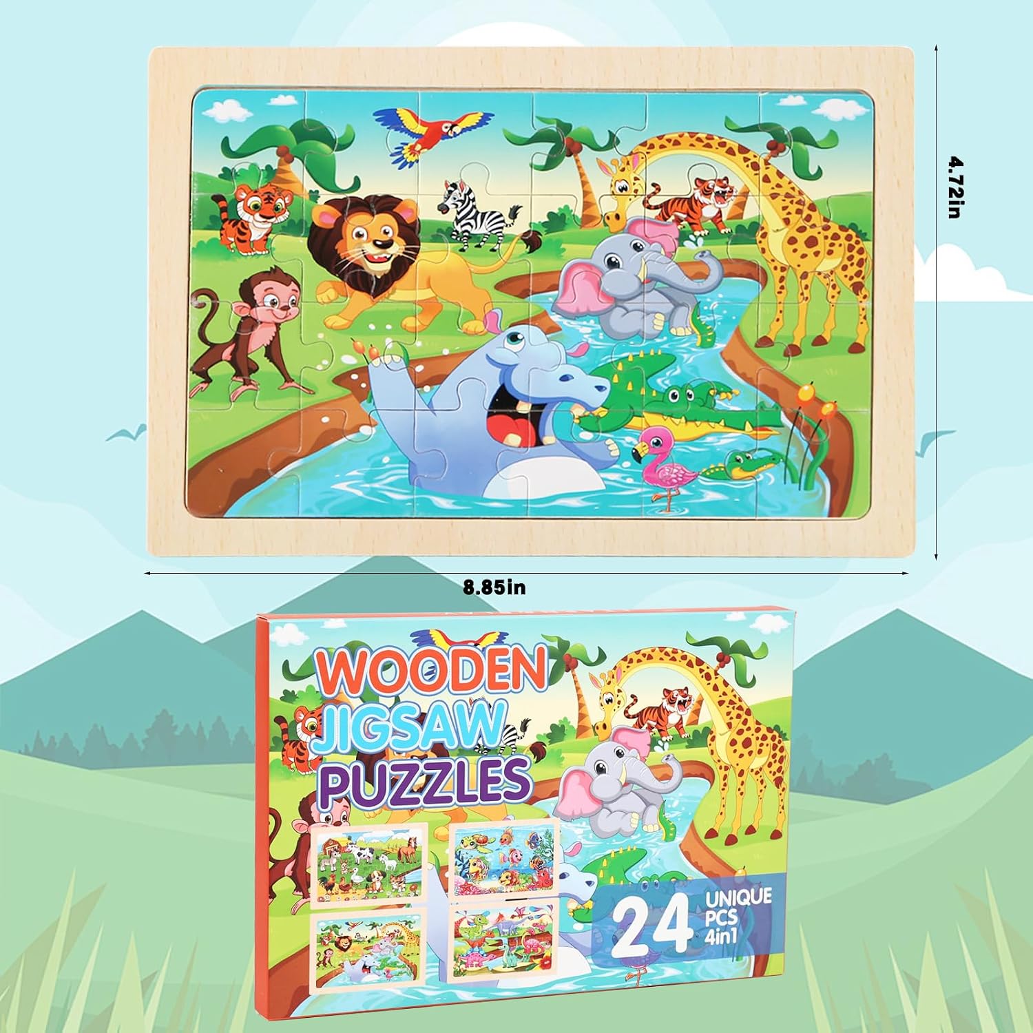 Puzzles for Kids Ages 4-6, 4 Packs 24 Piece Wooden Jigsaw Puzzle for Toddlers 5-8, Preschool Educational Puzzle Boards Toys Gifts for 4 5 6 7 8 Boys Girls