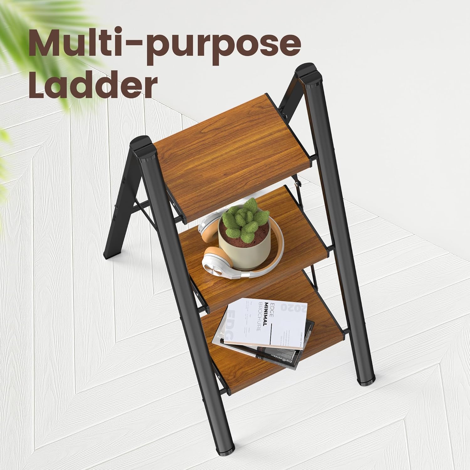 HBTower Step Ladder,Lightweight Aluminum Folding Step Stool with Anti-Slip Wide Pedal,330lbs Capacity Step Ladder for Household,Kitchen,Office - BlackWoodgrain