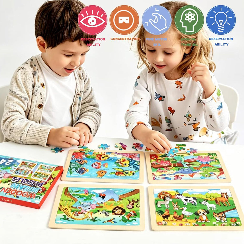 Puzzles for Kids Ages 4-6, 4 Packs 24 Piece Wooden Jigsaw Puzzle for Toddlers 5-8, Preschool Educational Puzzle Boards Toys Gifts for 4 5 6 7 8 Boys Girls